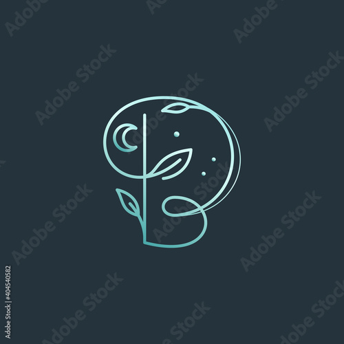 B letter logo with graceful with moon, stars and leaves decoration. photo