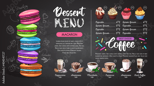 Chalk drawing dessert menu design with sweet french macaroons