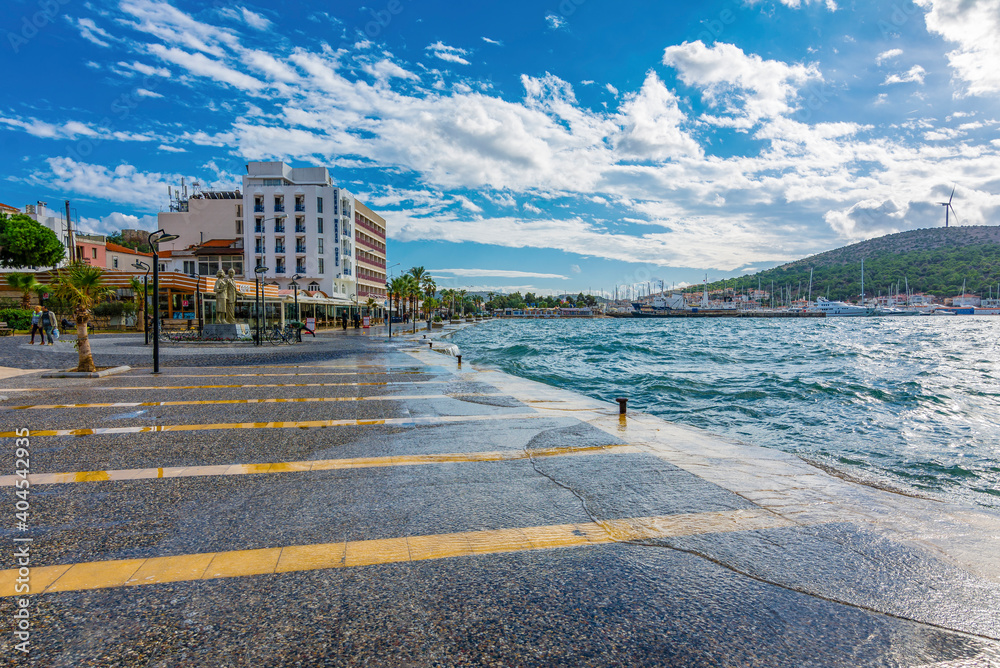Cesme coastal view at windy day in Cesme Town of Izmir Province. Cesme is populer tourist destination in Turkey.