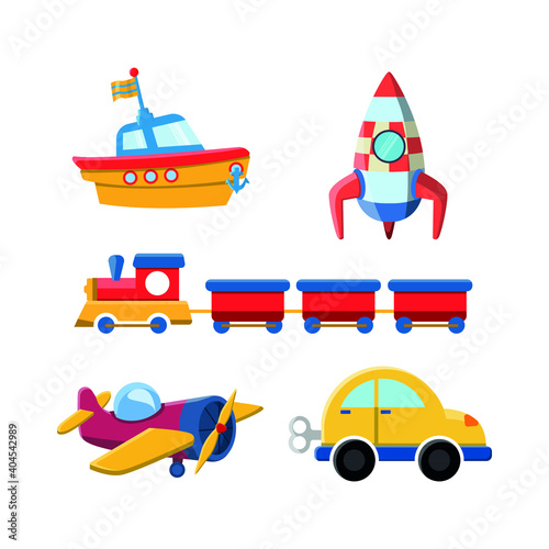 Vector image. Collection of drawings of toys for children. Transport toys. A rocket, a car, an airplane, a train and a toy boat.