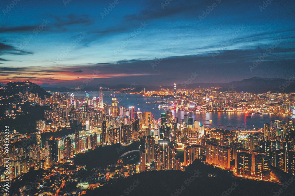 Aerial view of Hong Kong City at sunset. Vintage tone