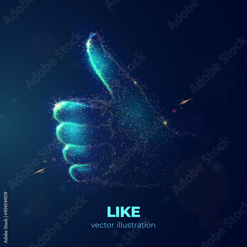 Like abstract dotwork vector illustration made of cloud of colored dots. Graphic design concept of thumb up gesture consists of neon particles Digital art of hand sign on topic of social communication