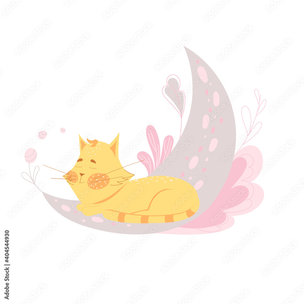 A cute cat sleeps on the moon. Cat and floral print. Cartoon illustration in delicate colors