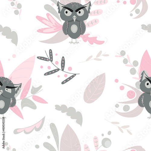 Pattern with an owl and a floral print. Children's seamless pattern in gentle colors.