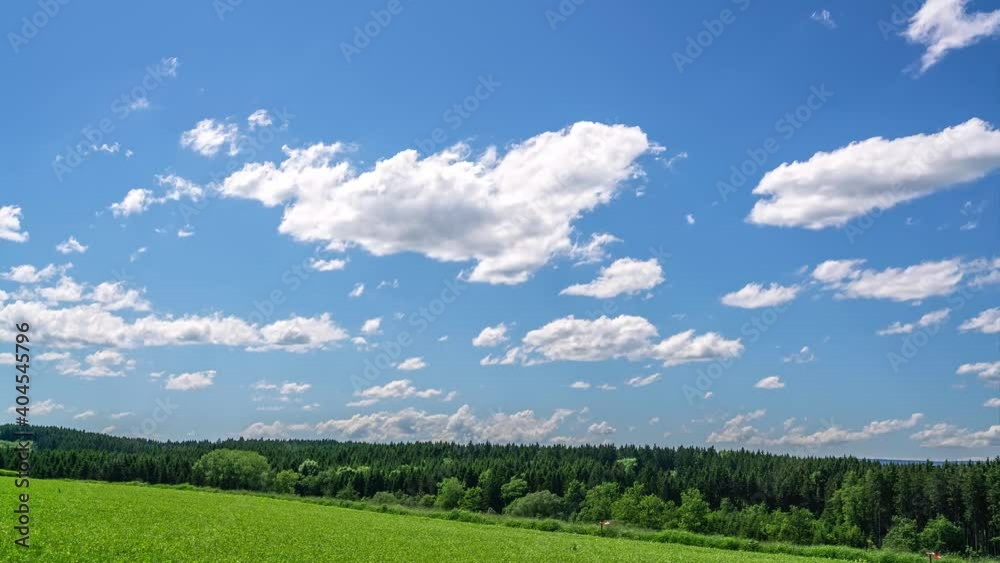 Time-lapse of green grassland and forest, white clouds in the sky Time-lapse of green grassland and forest, white clouds in the sky