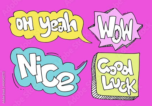 Handdrawn arrows, borders set with handwritten text:oh yeah,nice,good luck,wow. Vector icon.