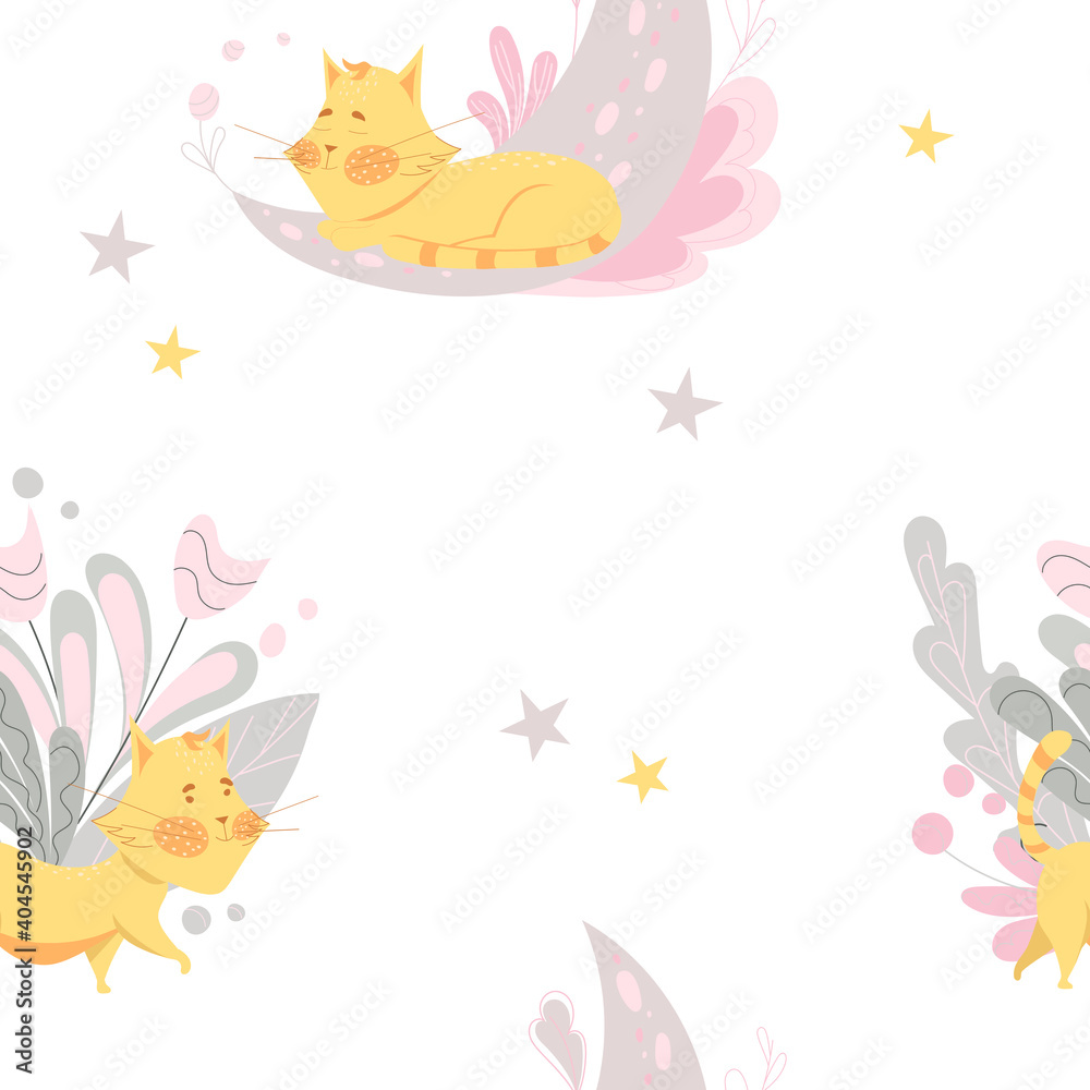 Pattern with a cat, moon and floral print. Children's seamless pattern in gentle colors.