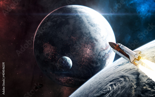 Fototapeta Naklejka Na Ścianę i Meble -  Space shuttle orbiting the planet. Deep space planets. Science fiction. Elements of this image furnished by NASA