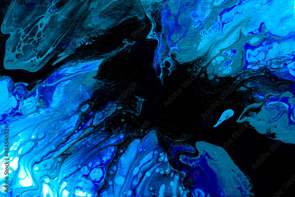 Abstract painting drawn by fluid acrylic technique. Picture with blue, green, emerald, colorful water stains, gradients on dark background. Imitation of northern lights on canvas. Modern art concept.