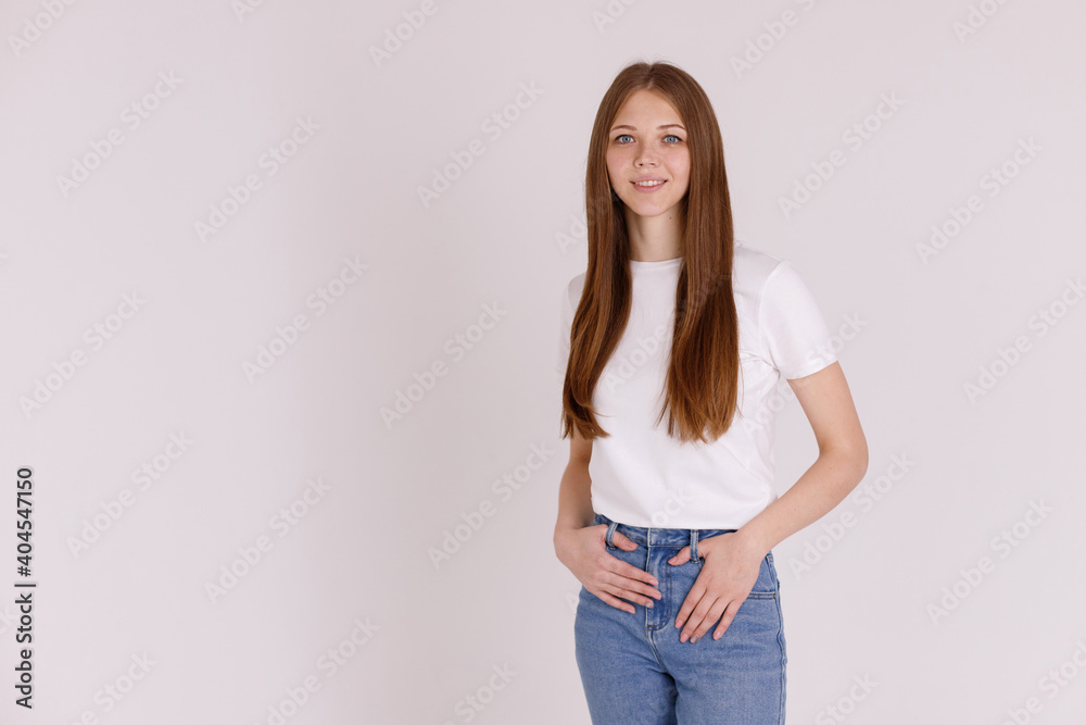 Girl smiles on studio background in studio Girl smiles on studio background in studio