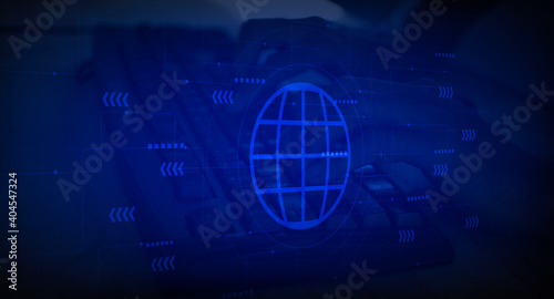 Abstract double exposure of hand typing keyboard  and technology network with illustration and blue background	