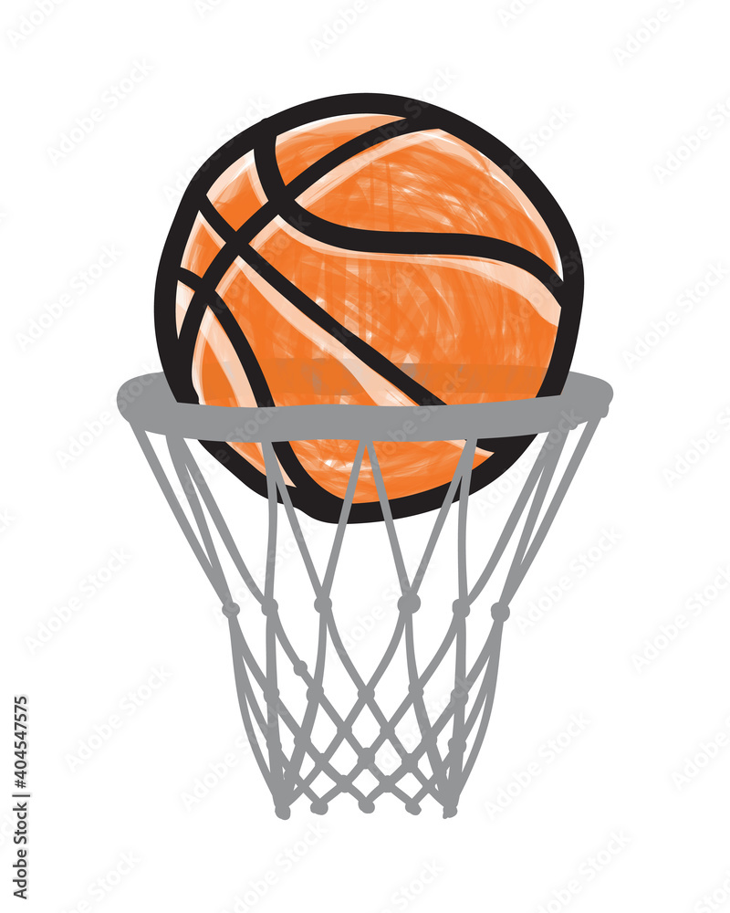Hand Drawn Basketball Ball in Basket. Vector Icon