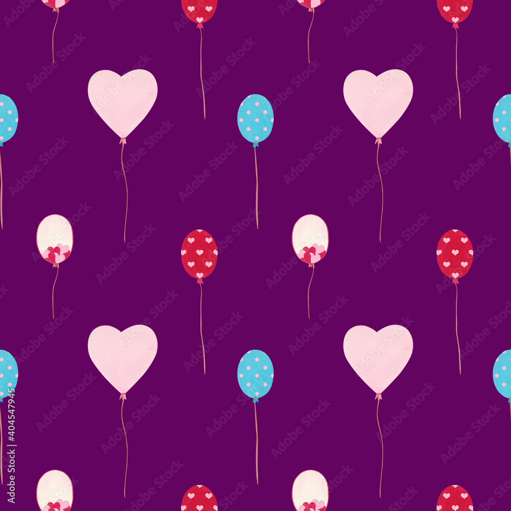 Watercolor helium balloons pattern on the purple background