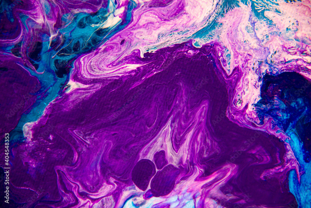 Fluid art texture. Abstract backdrop with iridescent paint effect. Liquid acrylic artwork with flows and splashes. Mixed paints for website background. Purple, pink, blue and white overflowing colors