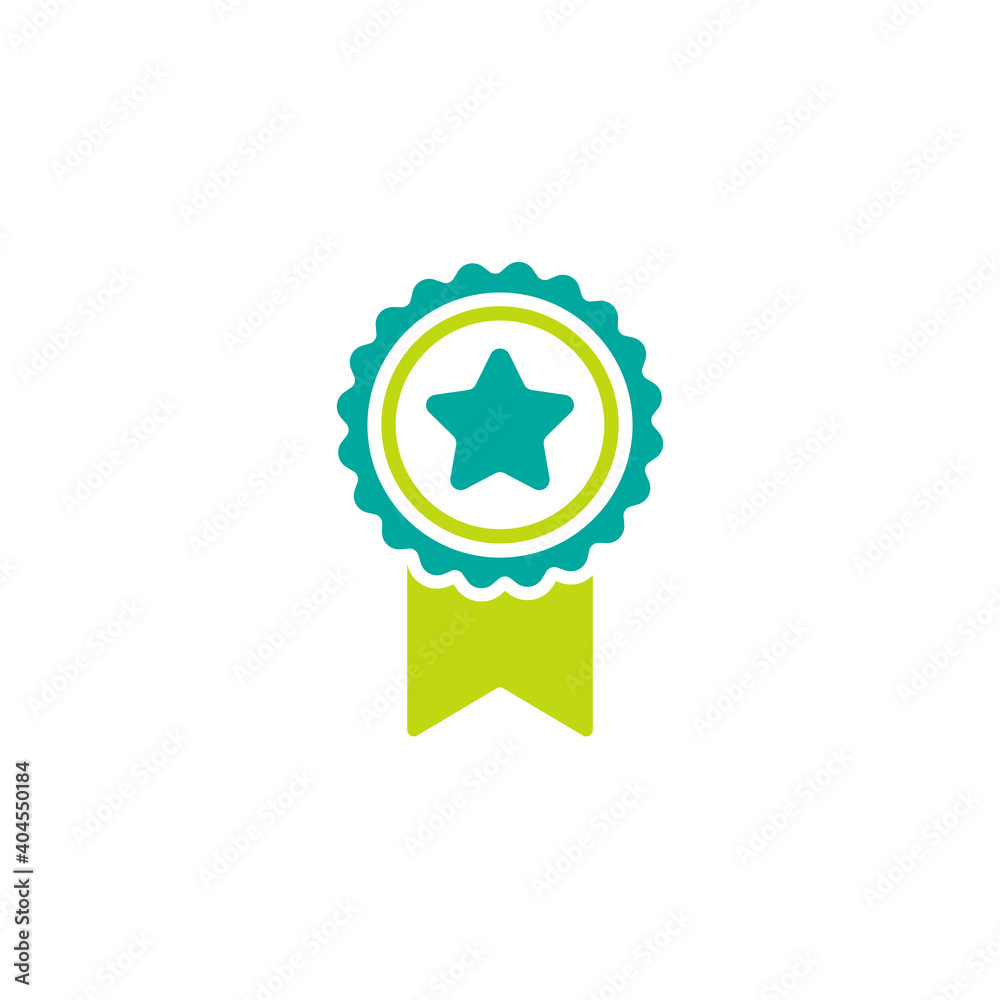 Blue circle with ribbon and green star. Flat sticker icon. Isolated on white. Blue circle with ribbon and green star. Flat sticker icon. Isolated on white.