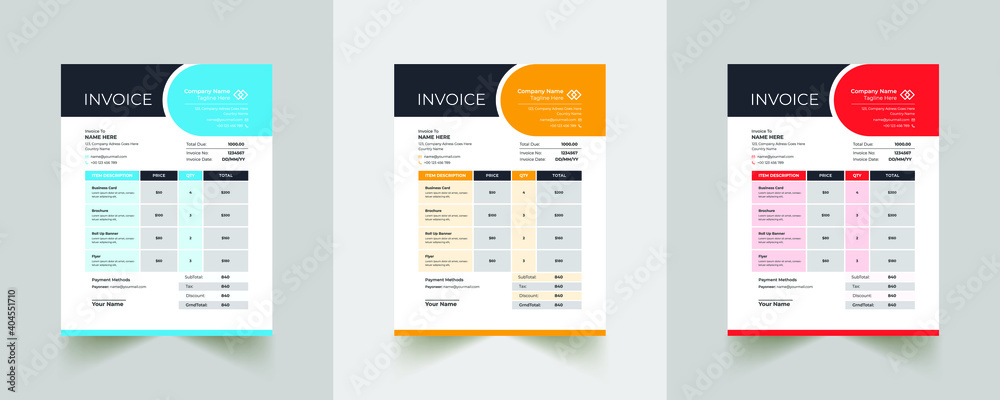 Invoice minimal design template. Bill form business invoice accounting. Modern and creative corporate business invoice template | Company business invoice template with color variation bundle Invoice minimal design template. Bill form business invoice accounting. Modern and creative corporate business invoice template | Company business invoice template with color variation bundle