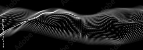 Dynamic white dot landscape. Abstract digital wave background. Network data structure. Point grid visualization. Technology vector illustration.