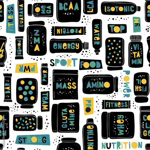 Seamless pattern sports food nutrition and words top gym power pro fitness. Shaker, water bottle, protein, gainer, carnitine, arginine, vitamin, omega, fish oil, lecithin, BCAA, ZMA, glutamine.