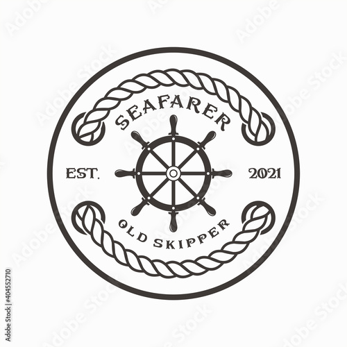 seafarer old skipper logo. vintage style, design template, steering wheels, marine labels, vector illustration.
