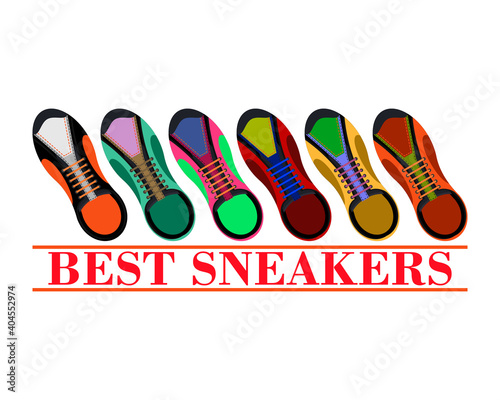 Best sneakers. Vector illustration, logo. View from above.