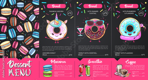 Chalk drawing dessert menu design with sweet french macaroons and donuts