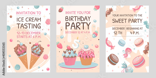Invitation cards set with sweets. Ice cream, macaroons, birthday cupcakes vector illustrations with text, time, date. Celebration and dessert concept for flyers and announcement posters design