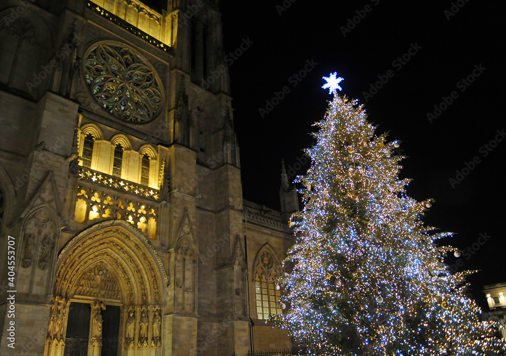 Φωτογραφία Cathédrale Saint André de nuit avec sapin de Noël à Bordeaux, Gironde, France
