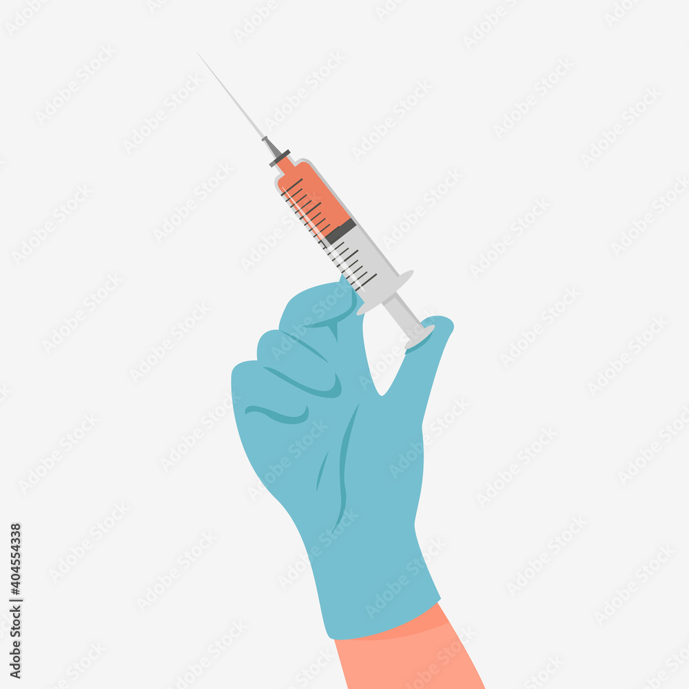 Doctor hand in latex glove with syringe with vaccine or medicine. Doctor hand making an injection. Vaccination and immunization concept. Preventive medicine, treatment. Vector illustration isolated. Doctor hand in latex glove with syringe with vaccine or medicine. Doctor hand making an injection. Vaccination and immunization concept. Preventive medicine, treatment. Vector illustration isolated.