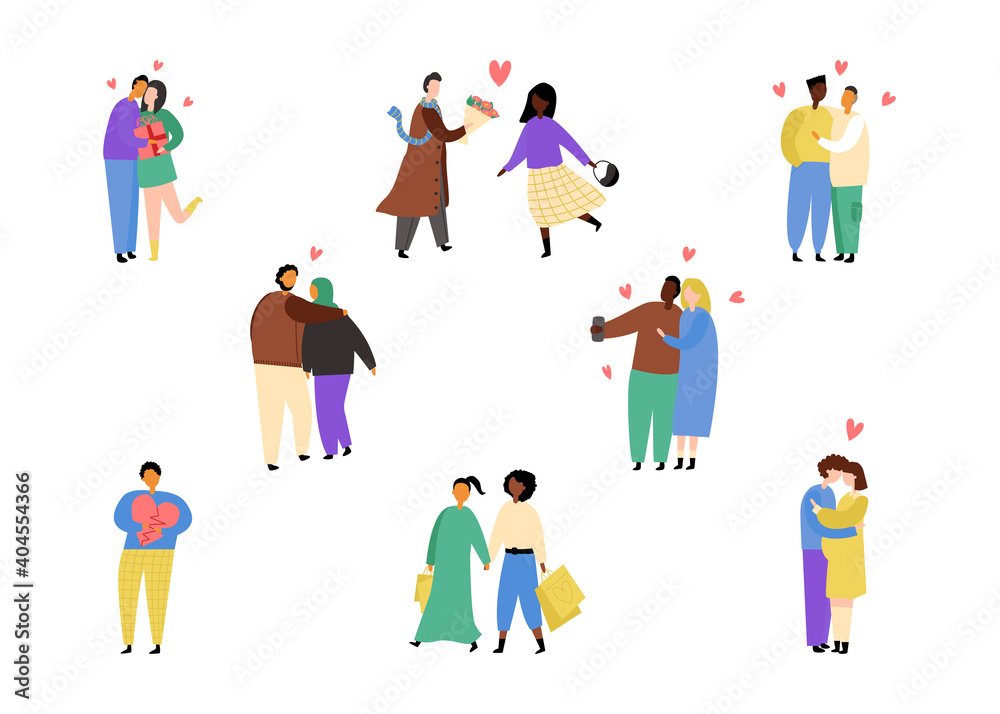 Set of various couples in love. Hugging, walking, heart broken, giving present, waiting a baby, taking selfie. Set of various couples in love. Hugging, walking, heart broken, giving present, waiting a baby, taking selfie.