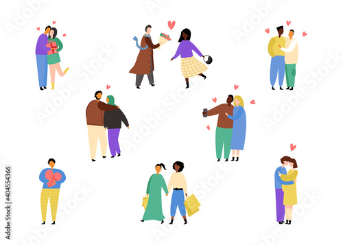 Set of various couples in love. Hugging, walking, heart broken, giving present, waiting a baby, taking selfie.