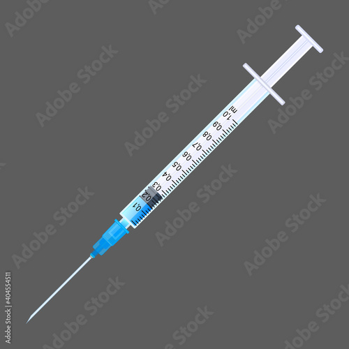 Disposable syringe 1ml with vaccine. Realistic image. Vector illustration.