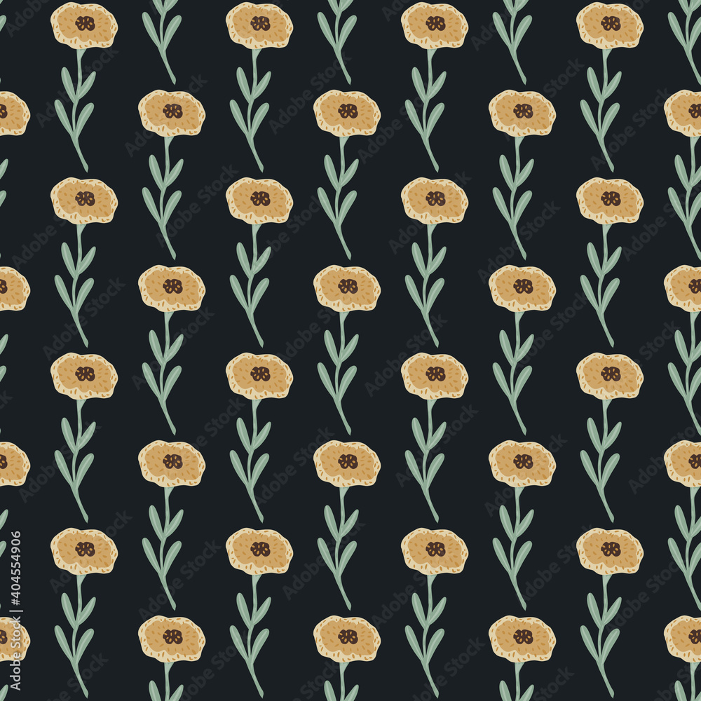 Dark contrast seamless pattern with pale orange flowers ornament. Black background. Dark contrast seamless pattern with pale orange flowers ornament. Black background.