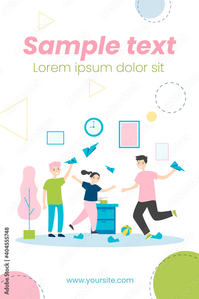 Active kids playing with paper planes. Children making mess at home flat vector illustration. Childhood, leisure, activity concept for banner, website design or landing web page