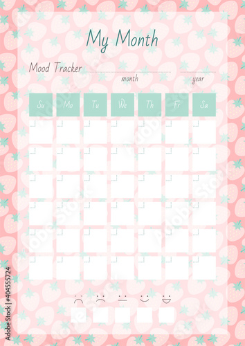 My Month. Mood Tracker. Notebook page on a background of a cute strawberry pattern. Vector 10 ESP.