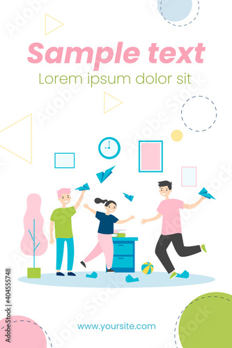 Active kids playing with paper planes. Children making mess at home flat vector illustration. Childhood  leisure  activity concept for banner  website design or landing web page