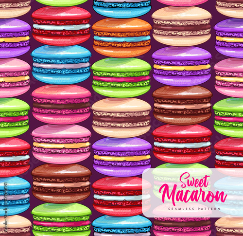 Seamless pattern of colorful sweet macarons cakes. French macaroons. Junk food background