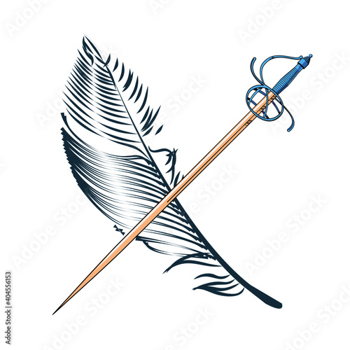 vector illustration of a feather and a sword crossed each other, on white background. Ideal design for chivalry and adventure comics.