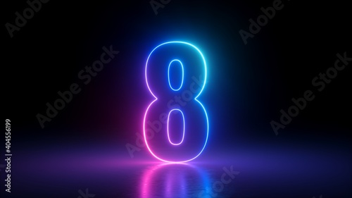 3d render, number eight glowing in the dark, pink blue neon light