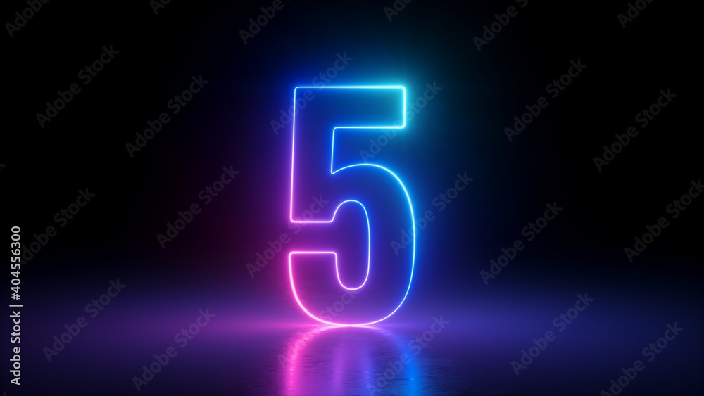 3d render, number five glowing in the dark, pink blue neon light - obrazy, fototapety, plakaty 