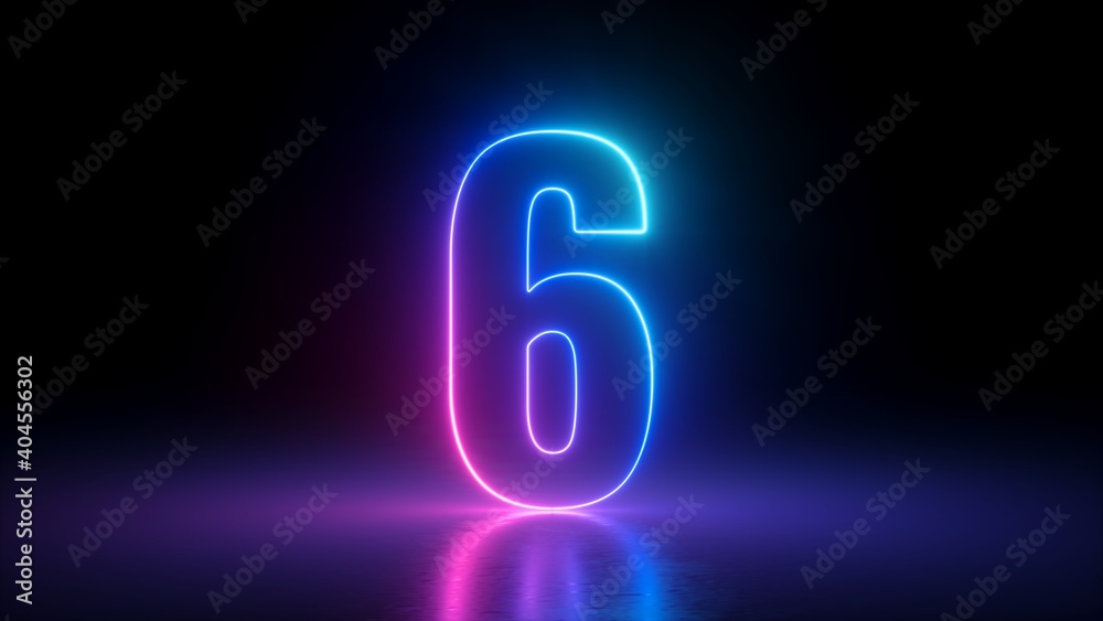 3d render, number six glowing in the dark, pink blue neon light - obrazy, fototapety, plakaty 