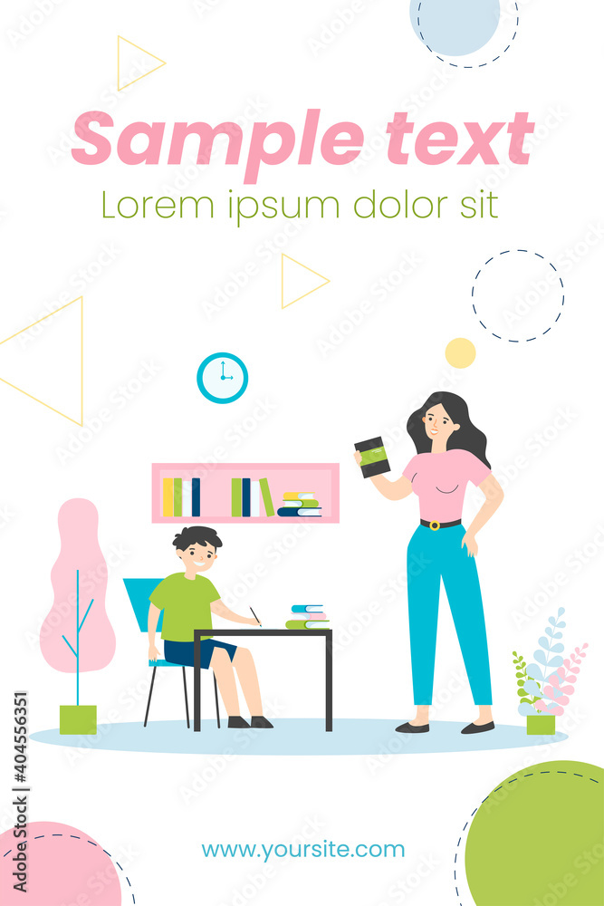 Mom helping son to do school home task. Boy writing at desk, woman holding book flat vector illustration. Education, knowledge, studying concept for banner, website design or landing web page