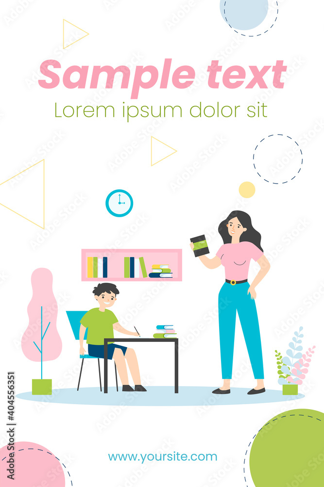 Obraz premium Mom helping son to do school home task. Boy writing at desk, woman holding book flat vector illustration. Education, knowledge, studying concept for banner, website design or landing web page