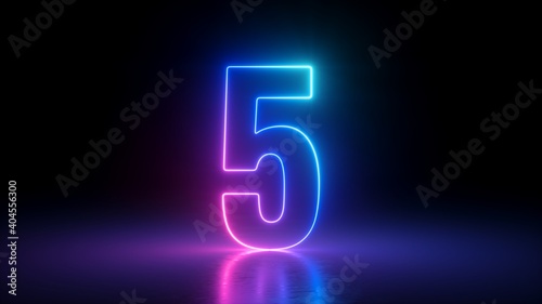 3d render, number five glowing in the dark, pink blue neon light