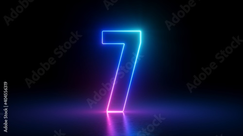 3d render, number seven glowing in the dark, pink blue neon light photo