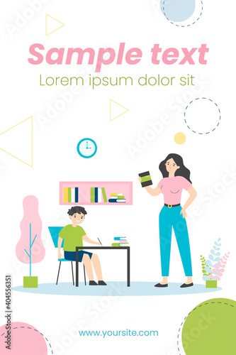 Mom helping son to do school home task. Boy writing at desk, woman holding book flat vector illustration. Education, knowledge, studying concept for banner, website design or landing web page