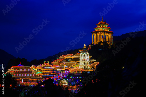 Penang , Malaysia - Beautiful Temple of Supreme Bliss , Kek Lok Si Temple lighting at night time. Hilltop temple complex characterized by colorful lighting.