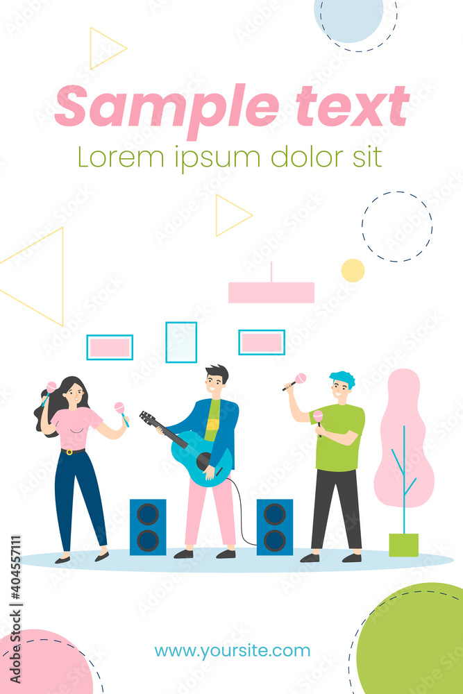 Happy young people playing musical instruments. Maracas, guitar, band flat vector illustration. Entertainment and music concept for banner, website design or landing web page