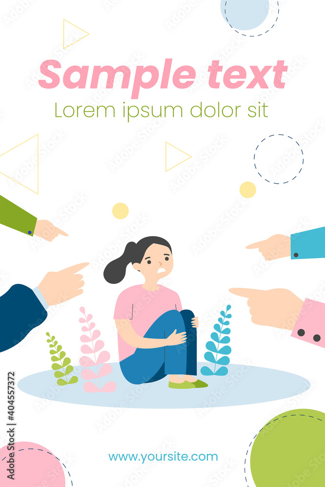 Obraz premium Stressed victim of bullying. Hands of people blaming and pointing at upset girl flat vector illustration. Accusation, anger, violence concept for banner, website design or landing web page