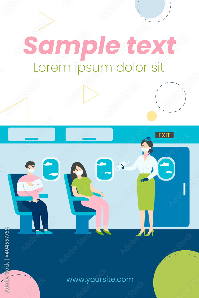 People sitting in plane and wearing facial masks. Protection, virus, coronavirus flat vector illustration. Travelling and pandemic concept for banner, website design or landing web page