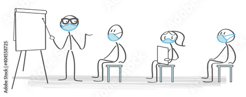 Unterricht, Seminar und Schulung mit Corona-Regeln. Maskenpflicht und Abstand - Vektor Illustration
